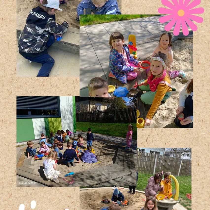 Eine Collage von Kindern, die im Sand spielen, eines in Tarnkleidung, ein anderes mit gelbem Shirt und einige mit Kopftüchern. Einige spielen mit Spielzeug.