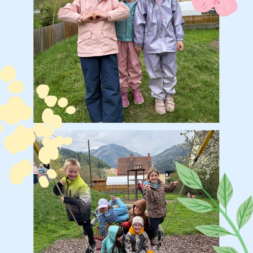 Zwei Fotos von Kindern in einem Park. Das obere Bild zeigt drei Kinder in Regenmänteln, das untere Bild zeigt mehrere Kinder auf einer Schaukel.