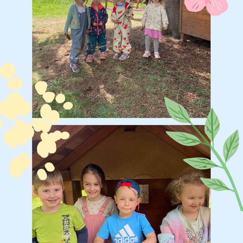 Eine Collage von Kindern in verschiedenen Außenbereichen. Eine Gruppe steht auf einem Feld, eine andere im Spielhaus. Alle lächeln.