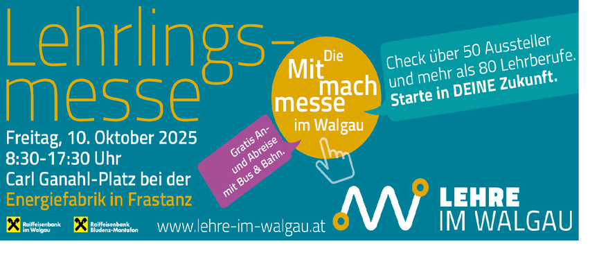 Blaues Banner mit Text und Logo. Der Text lautet 'Mit machmesse im Walgau', 'Check uber-5 und mehr al Starte in D', und 'ler'. Das Logo ist weiß mit einer Linie durch es hindurch.