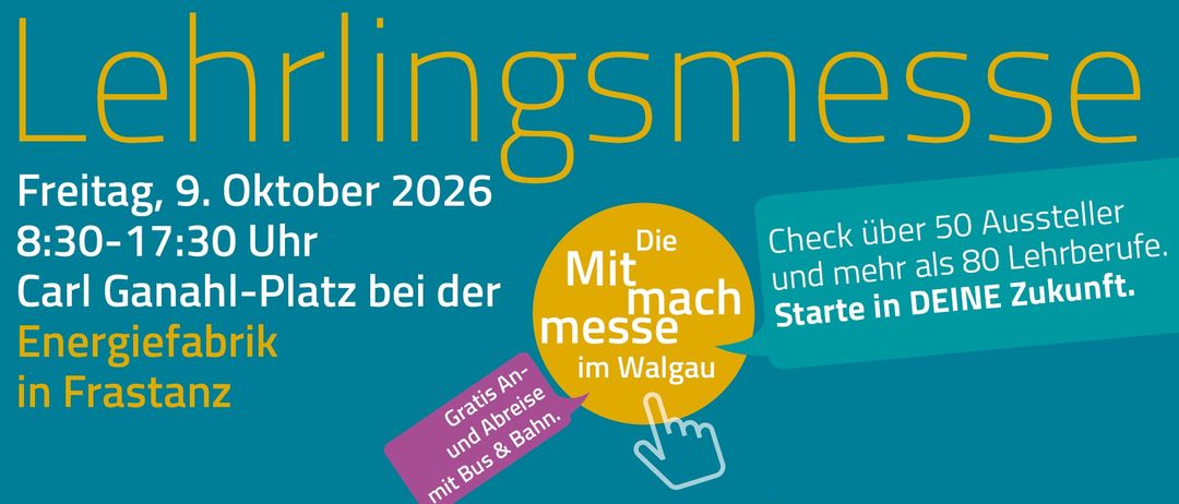 Werbeplakat für die Ringlingmesse in Walgau, Oktober 2026. Mit kostenlosem Anreiseangebot per Bus und Bahn, QR-Code für walgau.at und Logo der WKO Vorarlberg.
