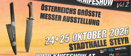 Die Messershow Österreich, die größte Messerausstellung in Österreich, findet am 24. und 25. Oktober 2026 in der Stadthalle Steyr statt. Besuchen Sie www.knifeshow.at für weitere Informationen.