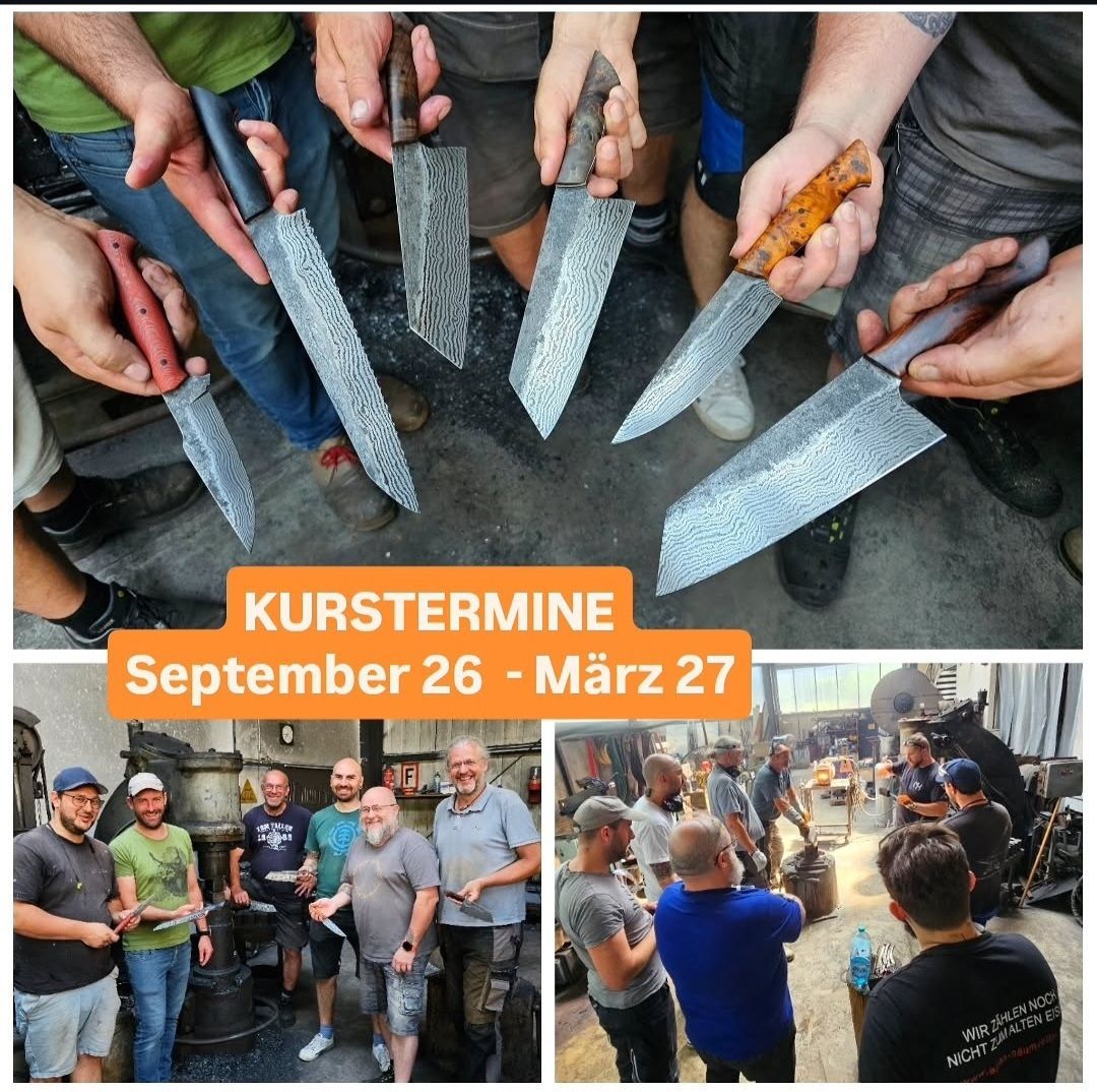 A collage of images showing people holding knives and working in a workshop, with text overlay indicating workshop dates.
