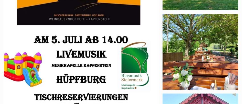 Das Bild zeigt ein Werbeplakat für eine Weingut-Veranstaltung. Es enthält eine Collage von Bildern, darunter ein Springschloss, ein Haus, einen Tisch und einen Weinberg. Die Veranstaltung trägt den Titel Hoffest und wird von Weinbauernhof Puff veranstaltet. Es beinhaltet Live-Musik, eine Musikkapelle, ein Springschloss und Tischreservierungen. Kontaktnummern und eine Website sind angegeben.