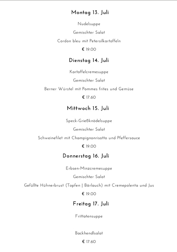 Menu for a week with various dishes including soup, salad, and main courses with prices. The menu is titled 'Nudelsuppe' and spans from Tuesday, July 14th to Friday, July 17th.