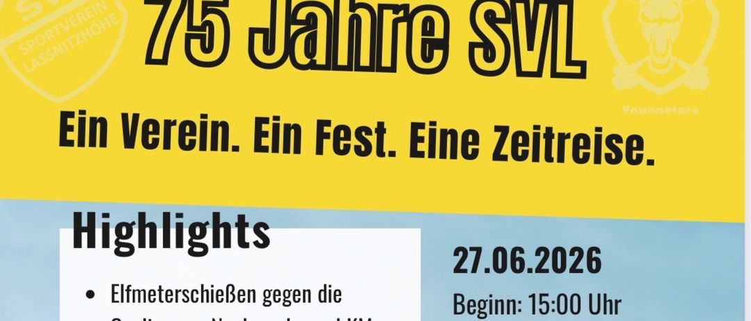 Poster für eine Veranstaltung auf der Sportanlage Moggiau am 27.06.2026. Höhepunkte sind ein Elfmeterschießen zwischen den Teams, ein Familienkampf zwischen Eltern und Kindern und eine 80er/90er Party. Essen und Getränke sind vorhanden.