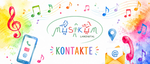 Eine bunte Illustration mit Musiknoten, einem Flötenspieler und einem Brief, mit dem Wort 'Kontakte' in fetten Buchstaben. Das Wort 'Lamingtal' steht in der Mitte.