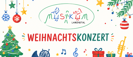 Ein festliches Plakat für ein Weihnachtskonzert mit Musikinstrumenten und Dekorationen. Der Text 'Weihnachtskonzert' ist in Rot angezeigt.