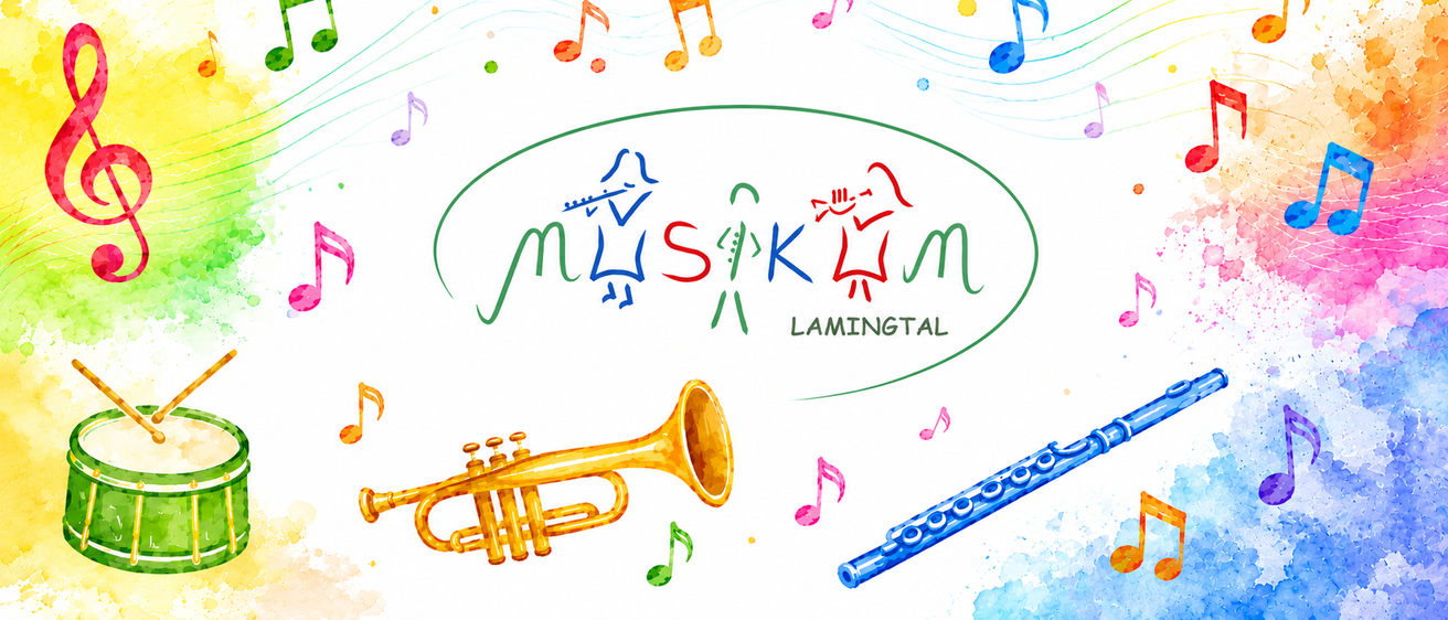 Eine farbenfrohe musikalische Illustration mit einer Trompete, einer Flöte und musikalischen Noten mit dem Text 'Myskk Lamingtal' in der Mitte.