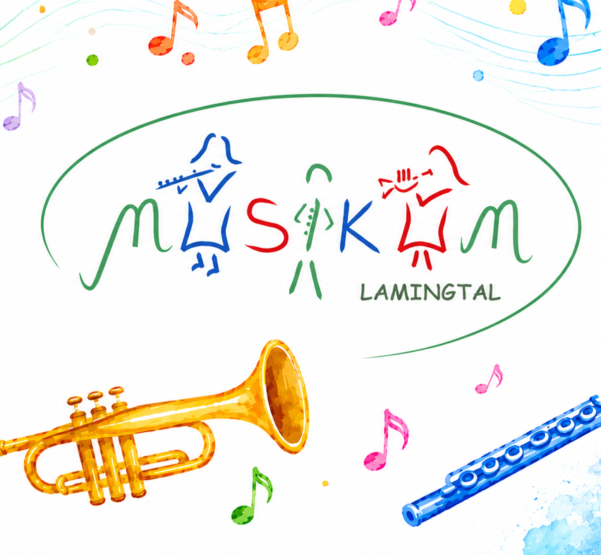 A colorful musical illustration featuring a trumpet, a flute, and musical notes with the text 'Myskk Lamingtal' in the center.