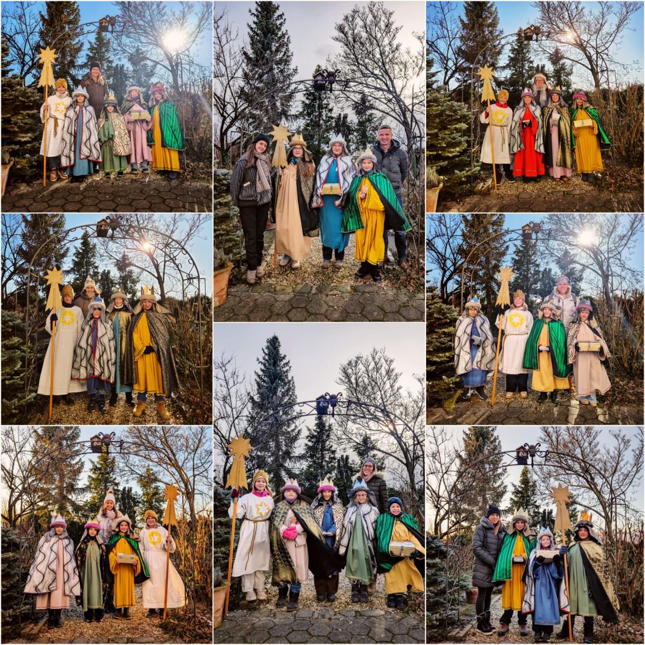 Eine Collage von Menschen in mittelalterlichen Kostümen, die in einem Wald mit Bäumen und einem Bogen stehen. Einige halten Stäbe und Sterne.