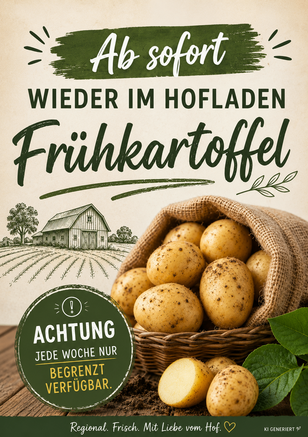 Ein Plakat zeigt Kartoffeln in einem Sack mit einem Scheunen im Hintergrund. Es hat einen grünen Banner, der 'Wieder im Hof' und 'Frühlingskartoffeln' steht. Es hat ein Blatt auf der rechten Seite.