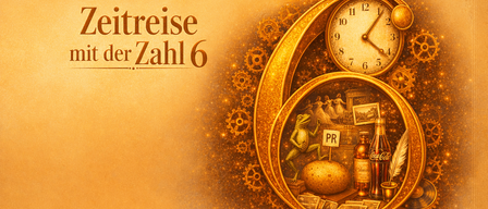 Goldenes Uhrenblatt mit Zahnrädern und Objekten darin. Es zeigt die Zeit als 10:30. Die Wörter Zeitreise mit der Zahl 6 sind oben.