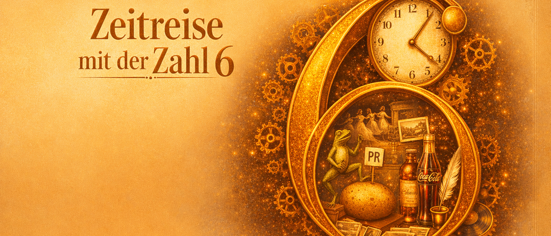 Goldenes Uhrenblatt mit Zahnrädern und Objekten darin. Es zeigt die Zeit als 10:30. Die Wörter Zeitreise mit der Zahl 6 sind oben.