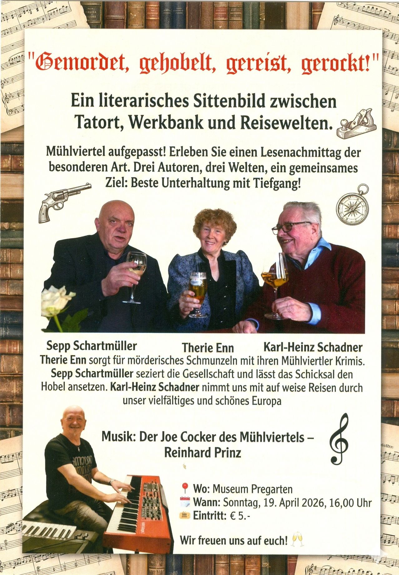 Drei Autoren, drei Welten, ein Ziel: beste Unterhaltung mit Tiefe! Erleben Sie einen Leseabend der besonderen Art. Sepp Schartmüller, Therie Enn und Karl-Heinz Schadner präsentieren ihre Kriminalromane.