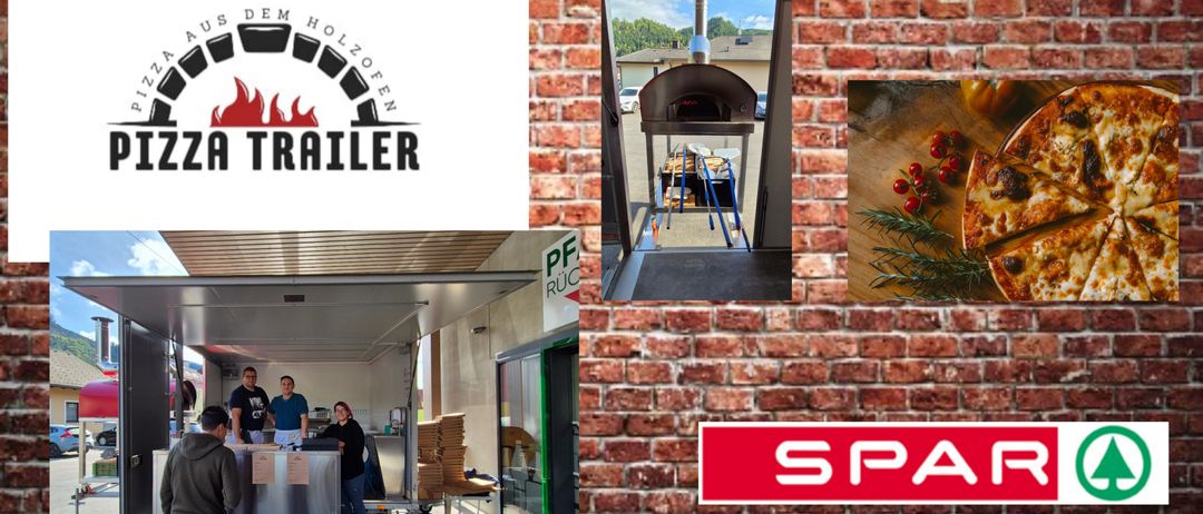 Das Bild zeigt eine Backsteinmauer, einen Pizzaofen, Menschen, einen Foodtruck und ein rotes Logo.