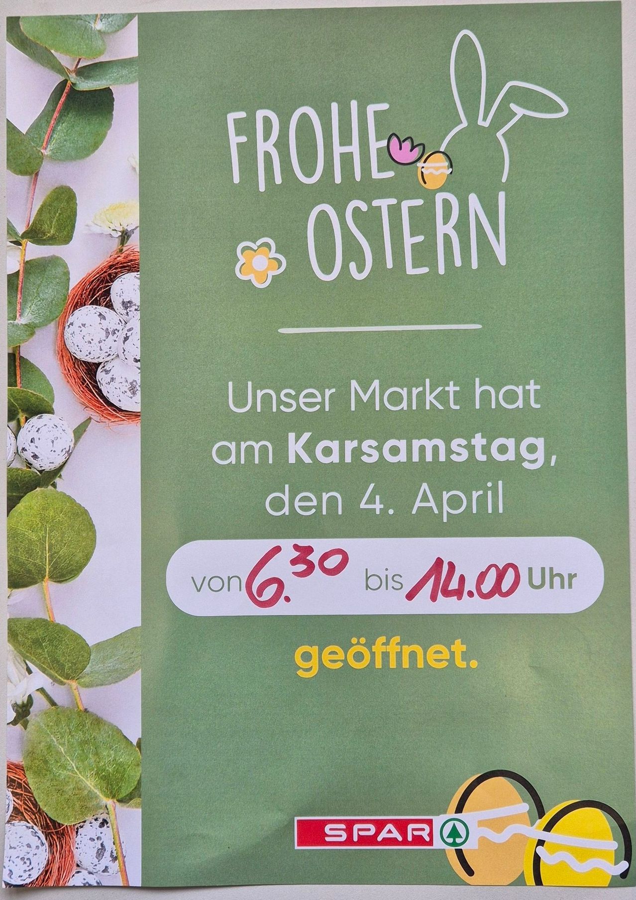 Am Ostersonntag, der 4. April, hat unser Markt von 6:30 bis 14:00 Uhr geöffnet. Ostereier und Blumen sind ausgestellt.