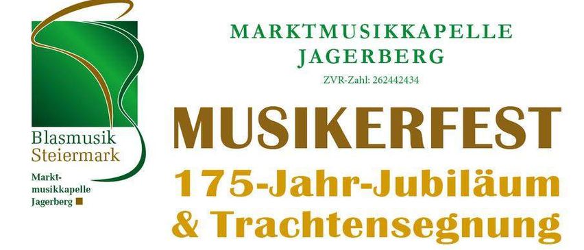 Plakat für das 175-jährige Jubiläum und den Segen der Blasmusik Steiermark am 30. und 31. August auf dem Marktplatz Jagerberg. Samstag beginnt um 18 Uhr und Sonntag um 9 Uhr.