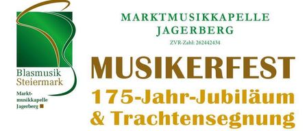 Plakat für das 175-jährige Jubiläum und die Segensfeier von Blasmusik Steiermark. Termine sind der 30. und 31. August. Beginnt samstags um 18 Uhr und sonntags um 9 Uhr. Musikaufführungen und Segensfeiern. Gastgeber ist MMK Jagerberg.