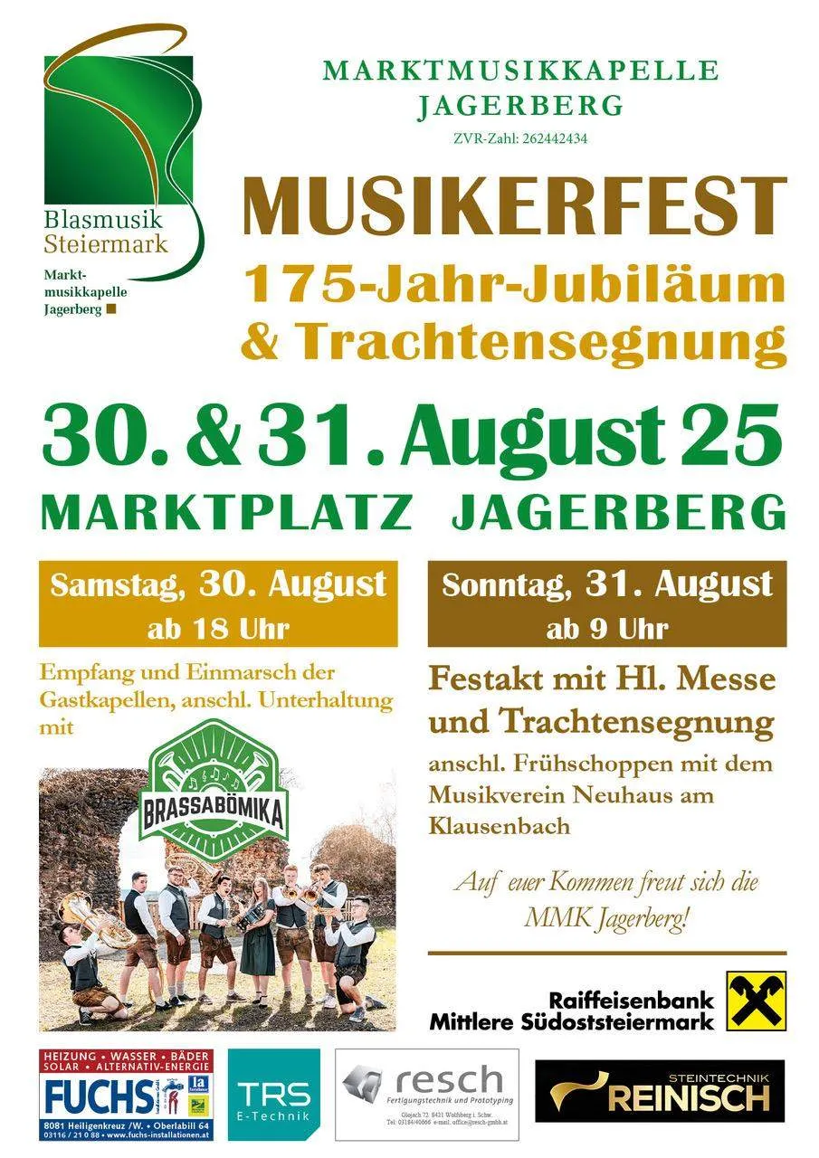Plakat für das 175-jährige Jubiläum und die Segnung des Blasmusikfests am 30. und 31. August in Jagerberg. Die Veranstaltungen beginnen am Samstag um 18 Uhr und am Sonntag um 9 Uhr.