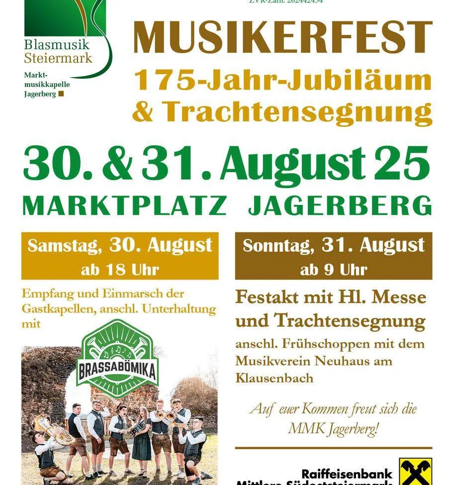 Plakat für das 175-jährige Jubiläum und die Segnung des Blasmusikfests am 30. und 31. August in Jagerberg. Die Veranstaltungen beginnen am Samstag um 18 Uhr und am Sonntag um 9 Uhr.