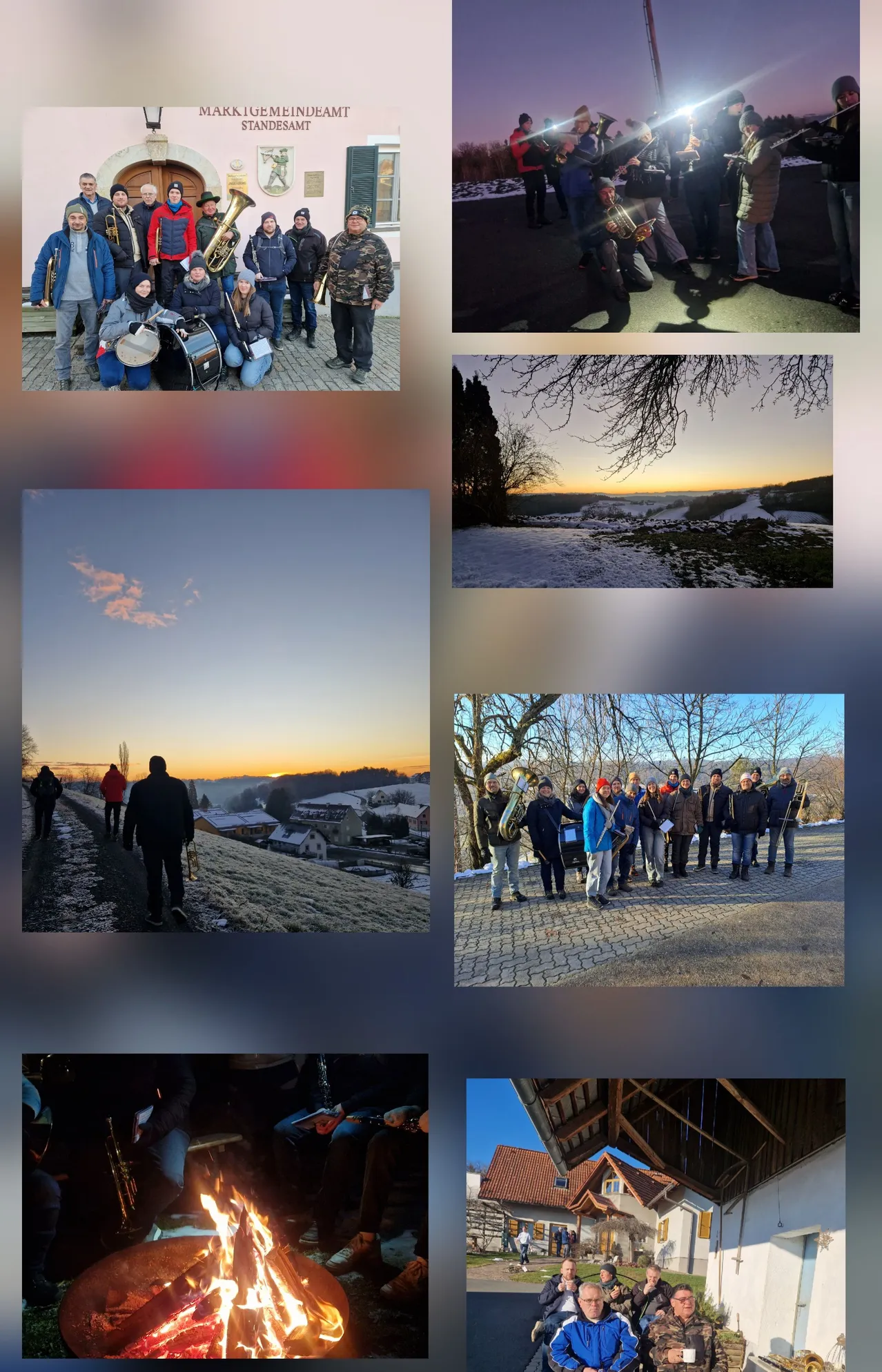 Eine Collage aus vier Bildern; ein Gruppenfoto von Musikern, zwei landschaftliche Ansichten von verschneiten Landschaften und ein Gruppenfoto von Musikern auf einer Ziegelfläche.