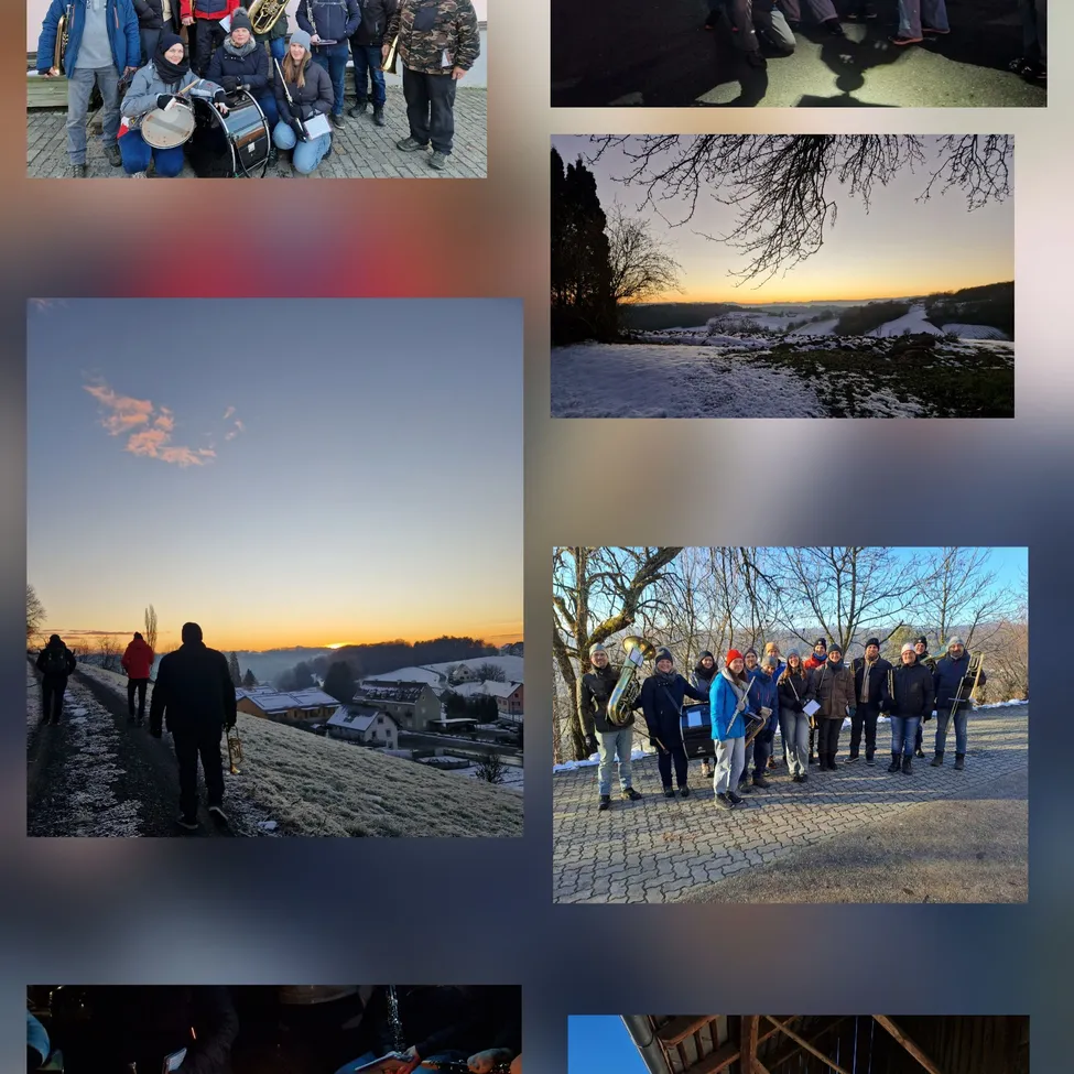 Eine Collage aus vier Bildern; ein Gruppenfoto von Musikern, zwei landschaftliche Ansichten von verschneiten Landschaften und ein Gruppenfoto von Musikern auf einer Ziegelfläche.