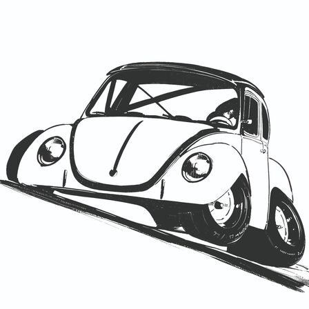 Ein Schwarz-Weiß-Skizze eines Oldtimers, möglicherweise ein VW Käfer, ist auf einem weißen Hintergrund. Er scheint zu fahren.