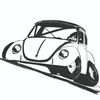 Ein Schwarz-Weiß-Skizze eines Oldtimers, möglicherweise ein VW Käfer, ist auf einem weißen Hintergrund. Er scheint zu fahren.