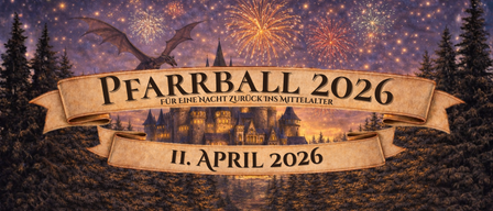Veranstaltungsplakat für Pearrball 2026, geplant für den 11. April 2026. Es zeigt einen mittelalterlichen Burghintergrund mit Feuerwerk und einem fliegenden Drachen.