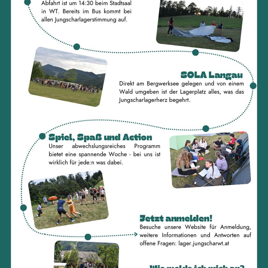Ein Bild, das das Jugendcamp Sola Langau zeigt, mit Informationen zu Abfahrtszeiten, Aktivitäten und Anmeldedetails.