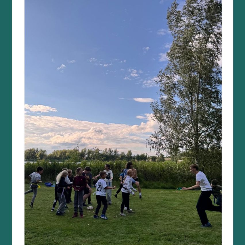 Eine Gruppe von Menschen spielt Frisbee auf einem Rasenfeld unter einem teilweise bewölkten Himmel. Bäume und Büsche sind im Hintergrund.