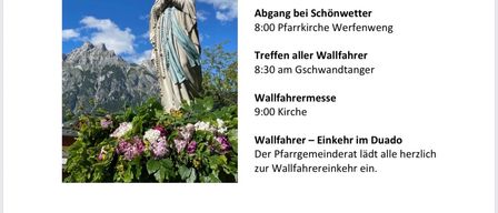 Plakat für eine religiöse Wallfahrtsveranstaltung in Werfeng, mit einer Statue der Jungfrau Maria, einem Berghintergrund und Details zum Zeitplan und Ort.