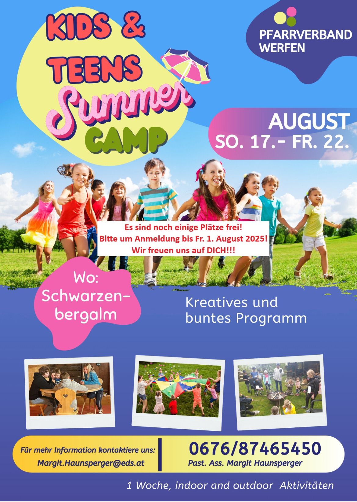 Ein Plakat für das Teens Summer Camp, das vom 17. bis 22. August stattfindet. Es sind noch einige Plätze frei. Kreative und unterhaltsame Aktivitäten sind geplant. Melden Sie sich bis Freitag, 1. August 2025 an. Bilder von Kindern in verschiedenen Aktivitäten werden gezeigt.