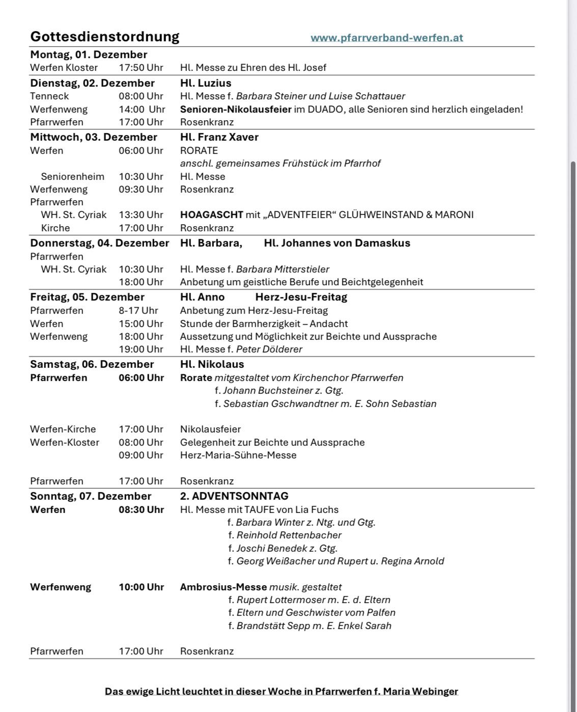 Wöchentlicher Kirchendienstplan mit Messzeiten, Orten und besonderen Veranstaltungen vom 2. bis 7. Dezember. Höhepunkte sind Nikolausfeier, Adventsfeiern und Messen mit Gastpredigern.