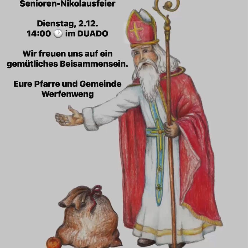 Illustration des heiligen Nikolaus, der einen Sack mit Geschenken hält, mit Text auf Deutsch, für ein Ereignis am 2. Dezember.