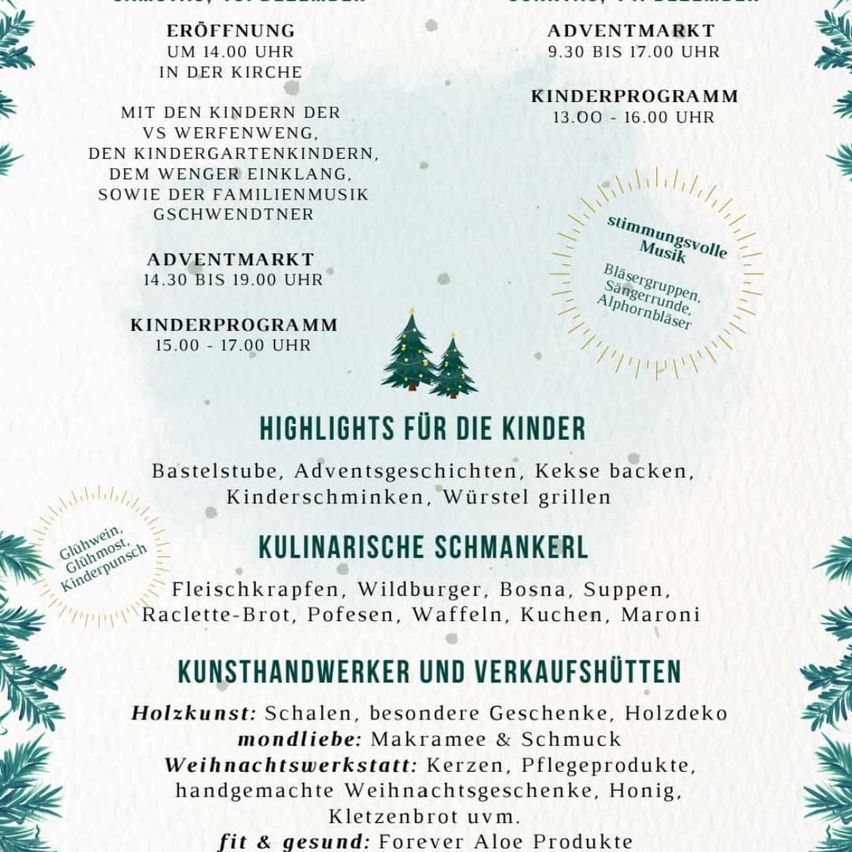 The poster advertises an Advent market with activities for children. It includes times for opening, market hours, and a children's program. Activities for children include crafts, Advent stories, baking, and roasting sausages. There are also culinary treats and artisans selling wooden crafts, jewelry, and care products.