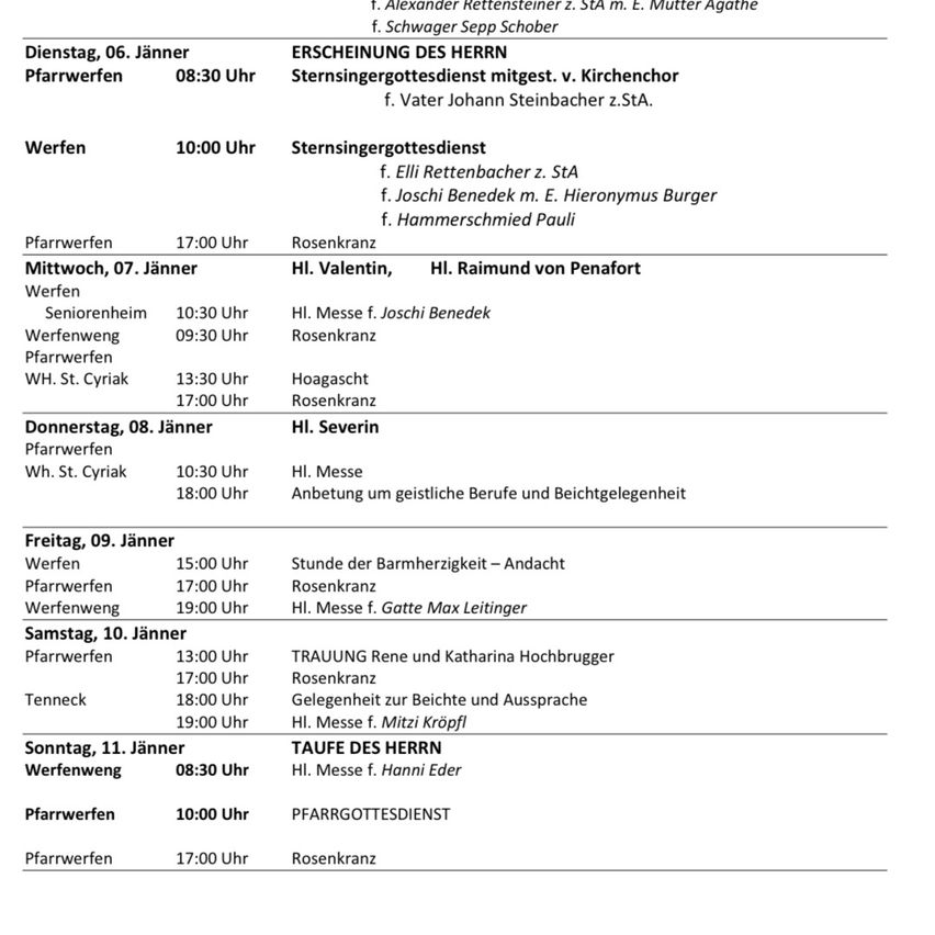 Das Bild zeigt einen Zeitplan für religiöse Gottesdienste in Pfarrwerfen. Daten umfassen den 6., 7., 8., 9., 10. und 11. Januar. Die Gottesdienste umfassen Sternsinggotesdienst, Rosenkranz und Taufe des Herrn.