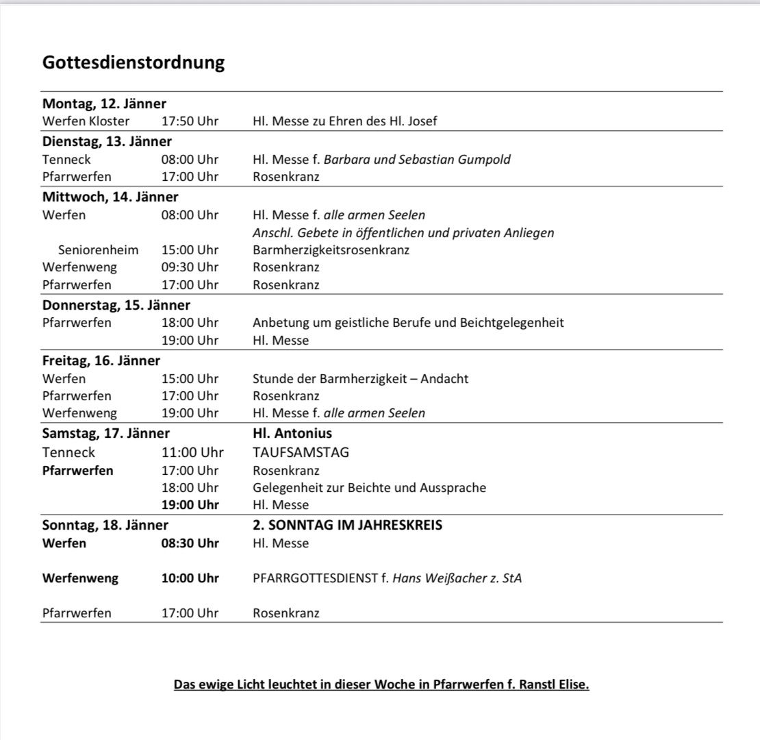 The schedule includes various church services, including masses, baptisms, and a prayer service. Specific days, times, and locations are provided. The week starts with a mass in honor of St. Josef on Monday, followed by a mass for Barbara and Sebastian Gumpolt on Tuesday. The schedule details additional services throughout the week.