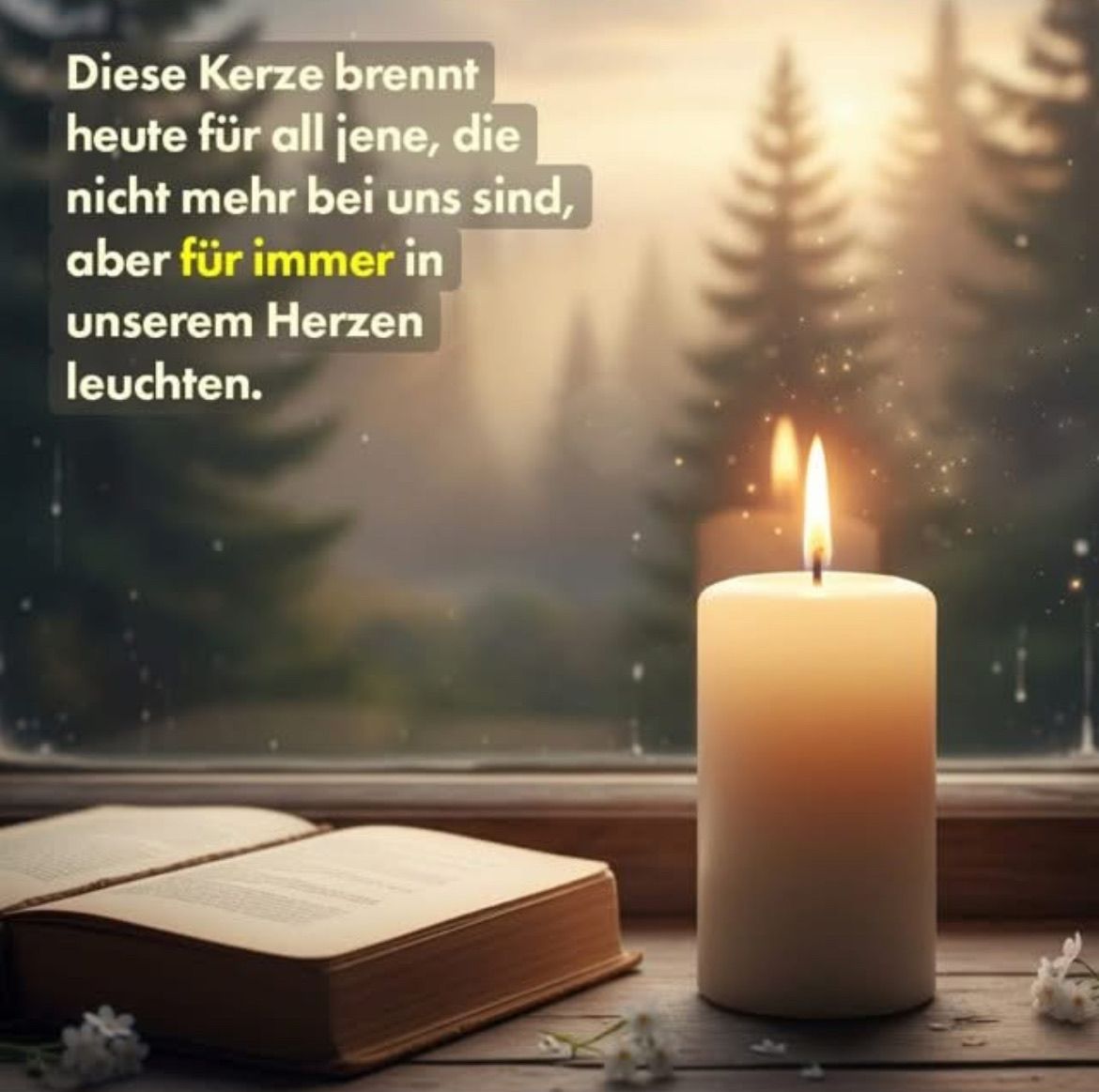 Eine Kerze brennt auf einer Fensterbank mit einem Buch, einem Waldhintergrund und einem deutschen Zitat im Overlay.