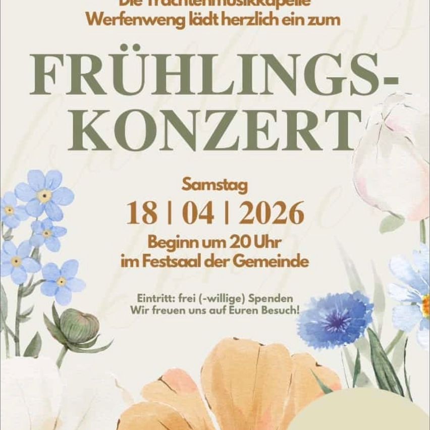 Spring concert poster with blue flowers and yellow centers. Date is April 18, 2026. Admission is free with optional donations.