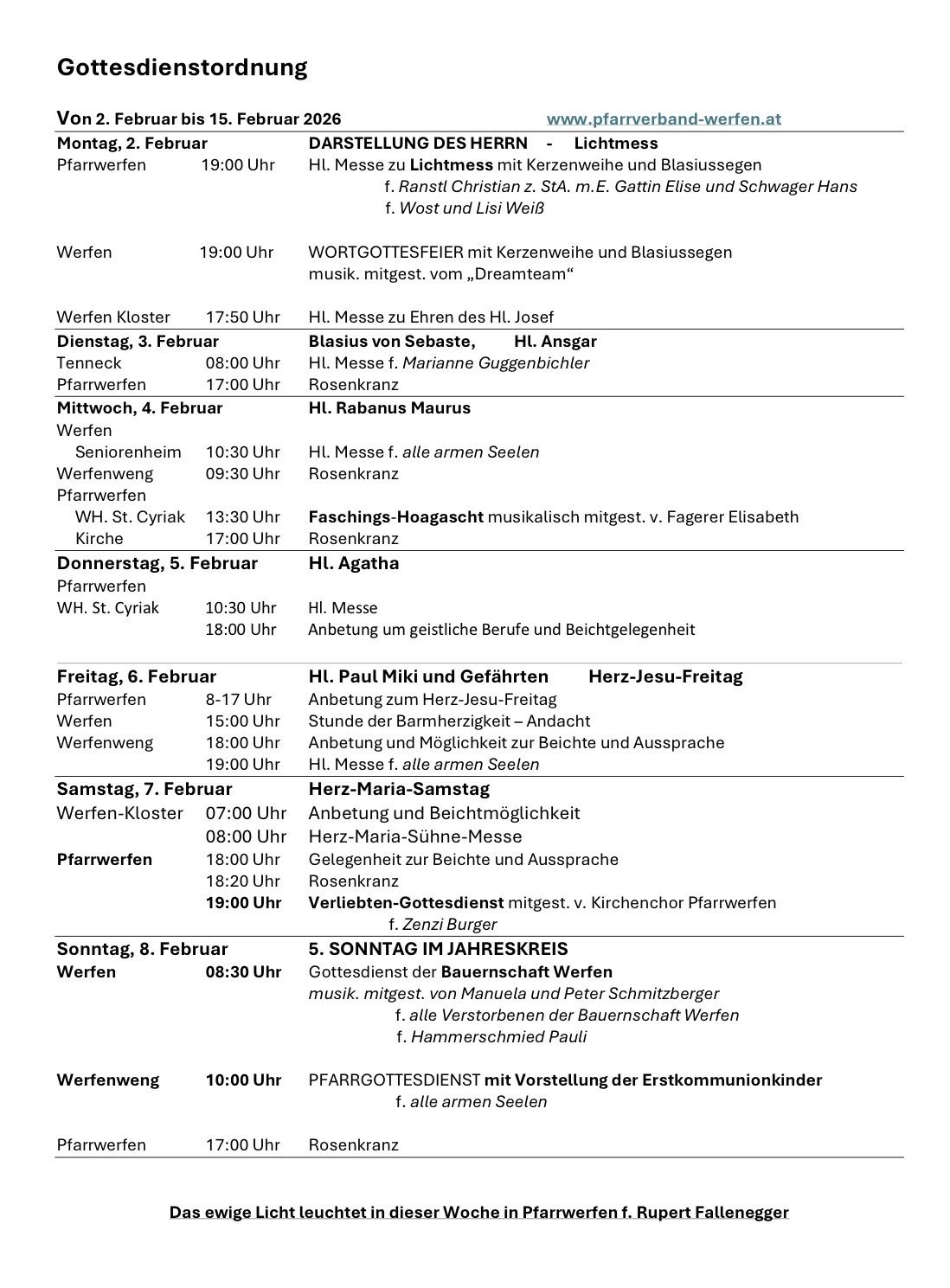 Ein Dokument beschreibt eine Reihe von religiösen Veranstaltungen. Es beinhaltet Gottesdienste, Messen und eine Prozession, jeweils mit spezifischer Zeit und Ort. Das Dokument ist nach Datum organisiert und enthält Details wie Hymnen, Lesungen und spezielle Gebete.