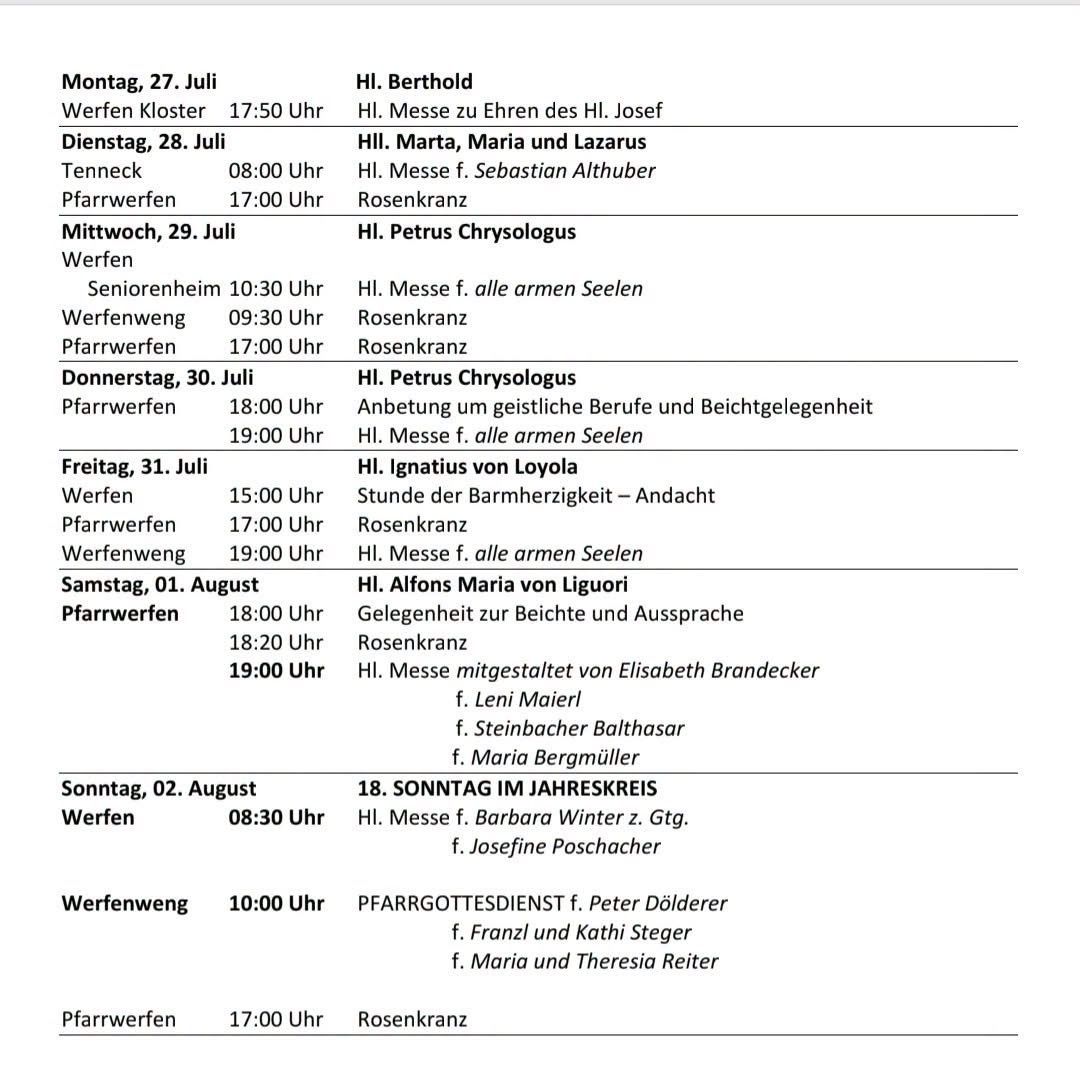Eine wöchentliche Übersicht der Gottesdienste und Veranstaltungen in Pfarrwerfen, einschließlich Datum, Uhrzeit und Details zu jedem Ereignis.