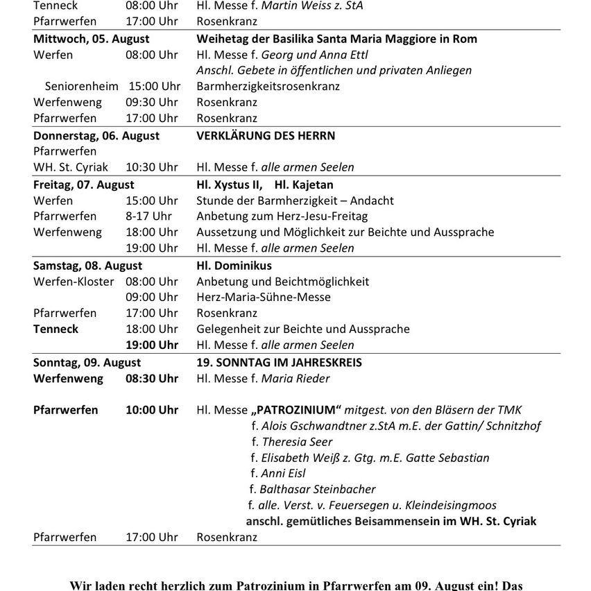 Ein Zeitplan für religiöse Dienste und Veranstaltungen an verschiedenen Orten, einschließlich Pfarrwerfen, Tenneck und Werfeng, vom 5. August bis zum 9. August. Der Zeitplan umfasst Zeiten für Messen, Gebete und andere religiöse Aktivitäten.