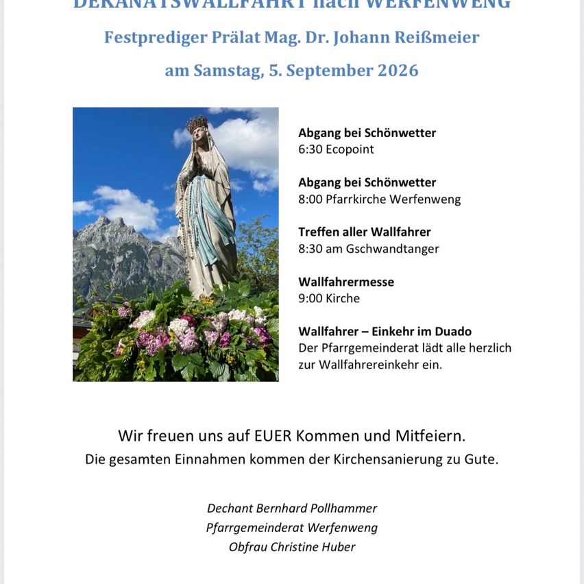 Ein Flyer für eine Wallfahrtsveranstaltung in Werfenweng mit einer Statue der Maria, Bergen im Hintergrund und Details zum Zeitplan und Treffpunkten.