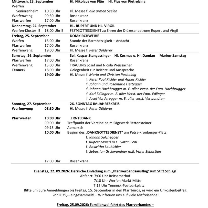 Ein Dokument mit einem Zeitplan für Veranstaltungen im September 2026, einschließlich Zeiten, Orten und Teilnehmern. Es listet verschiedene Veranstaltungen wie Treffen, Messen und soziale Zusammenkünfte auf.