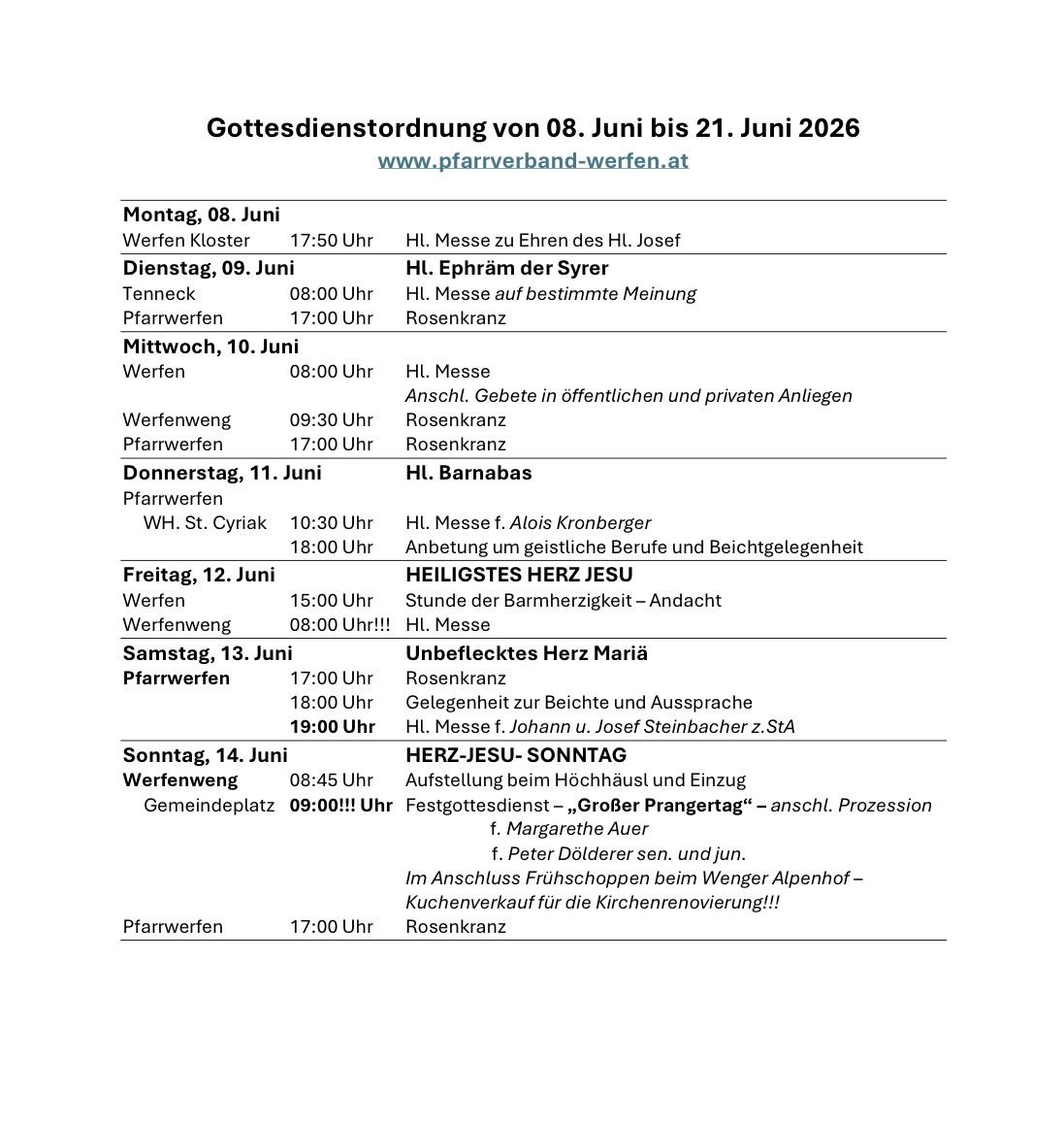 Schedule of worship services from June 8 to June 21, 2026. Dates include services at Werfer Kloster, Werfenwing, Pfarrwerfen, and WH. St. Cyriak. Each entry includes the time, celebrant, and theme.