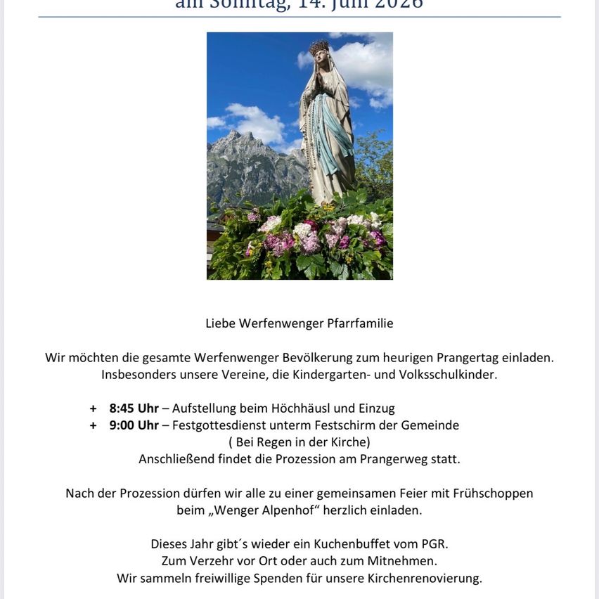 An invitation for a feast on Sunday, June 14, 2026. A statue of Mary is in a garden. Events include a procession, a church service, and a gathering with refreshments.