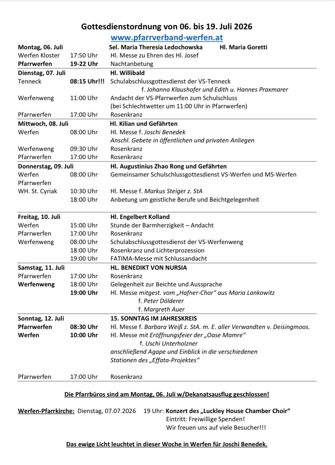 A schedule of services for different days with times and locations, including school closing services, masses, and events.