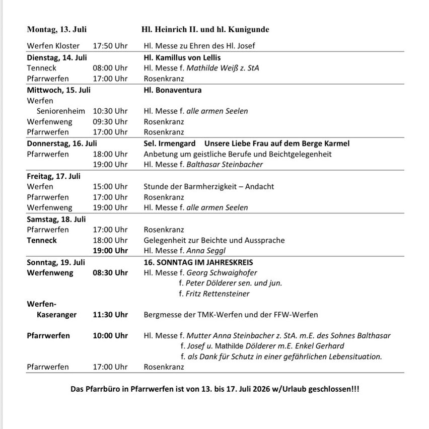 A weekly schedule for church services and events at Pfarrwerfen and Werfen, including dates, times, and descriptions of each event. The schedule runs from July 13 to July 19, 2026.